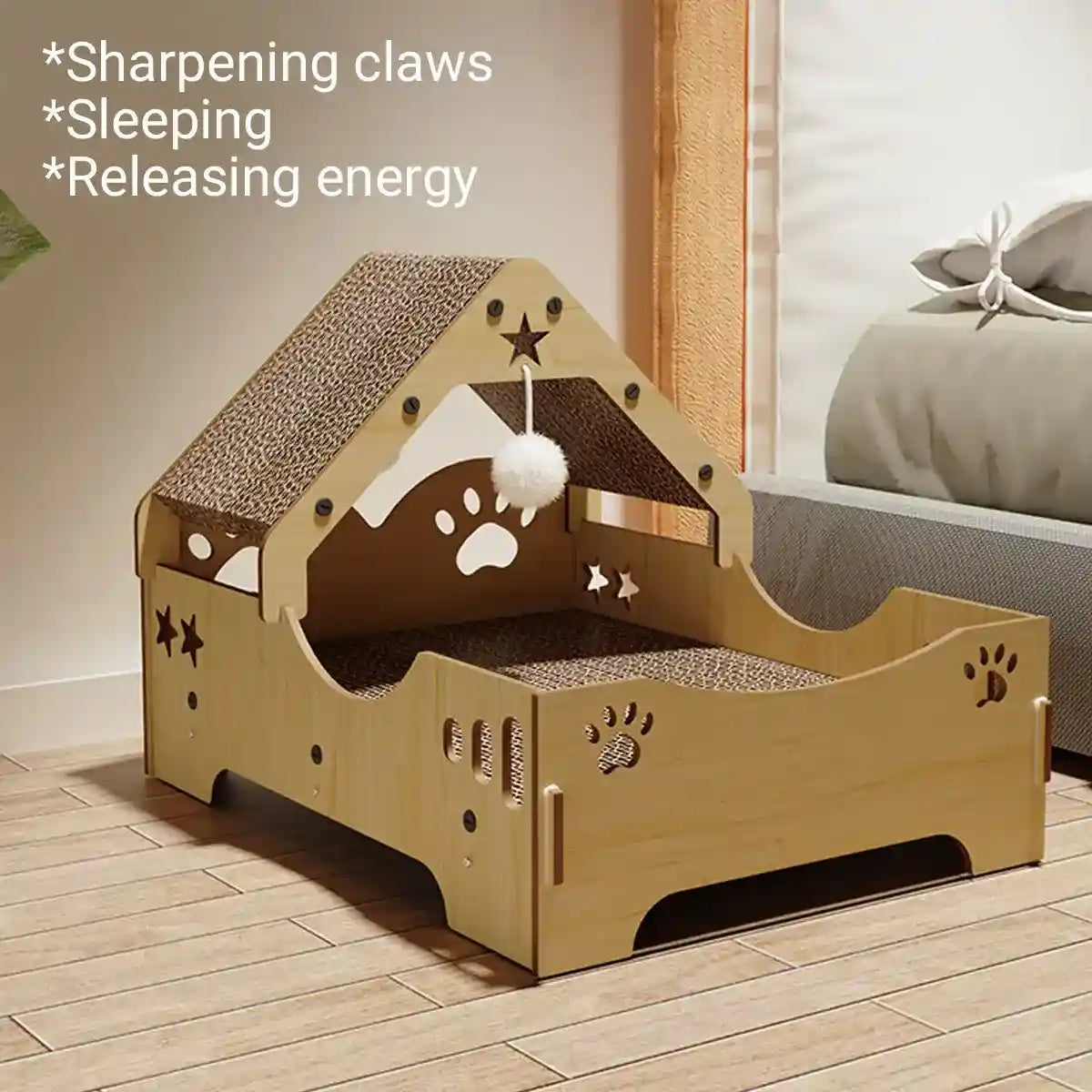Wooden Cat Scratching Bed with Toy Durable Claw-Friendly Cat Lounge