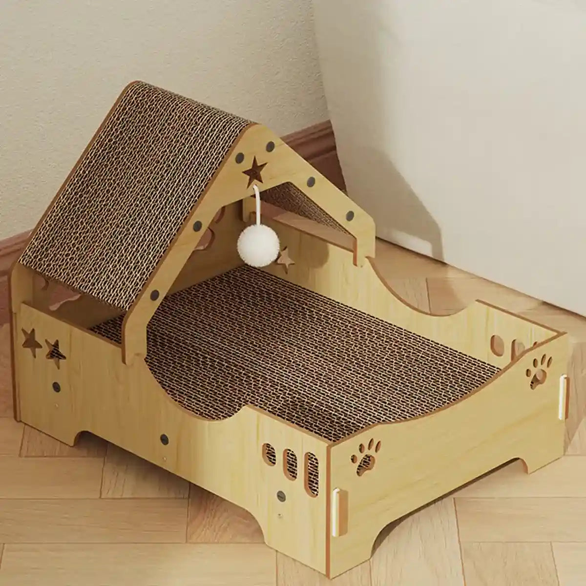 Wooden Cat Scratching Bed with Toy Durable Claw-Friendly Cat Lounge
