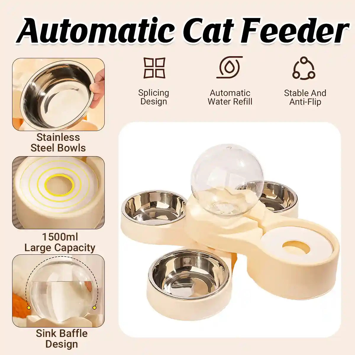 Automatic Cat Feeder With Water Dispenser & Stainless Steel Bowls