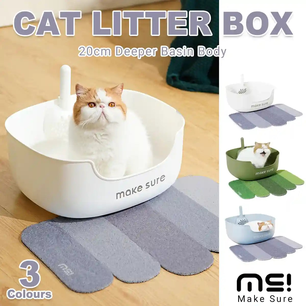 MAKESURE Extra Large Open Cat Litter Box with Scoop and Litter Mat