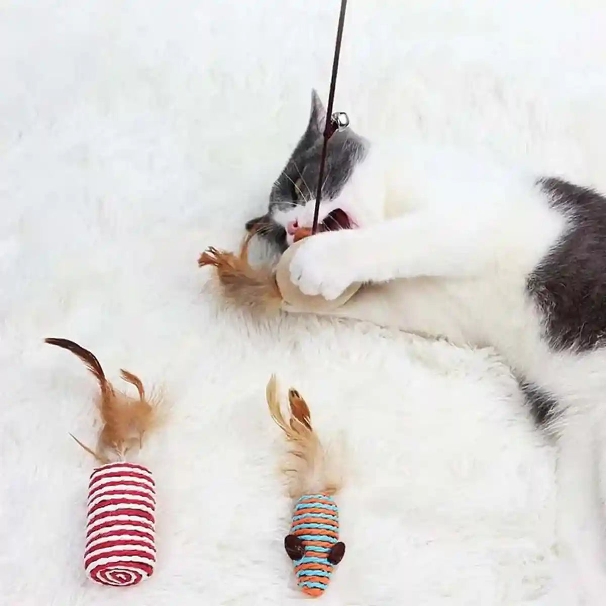 Cat Feather Toy Set with Wooden Wand and Bell