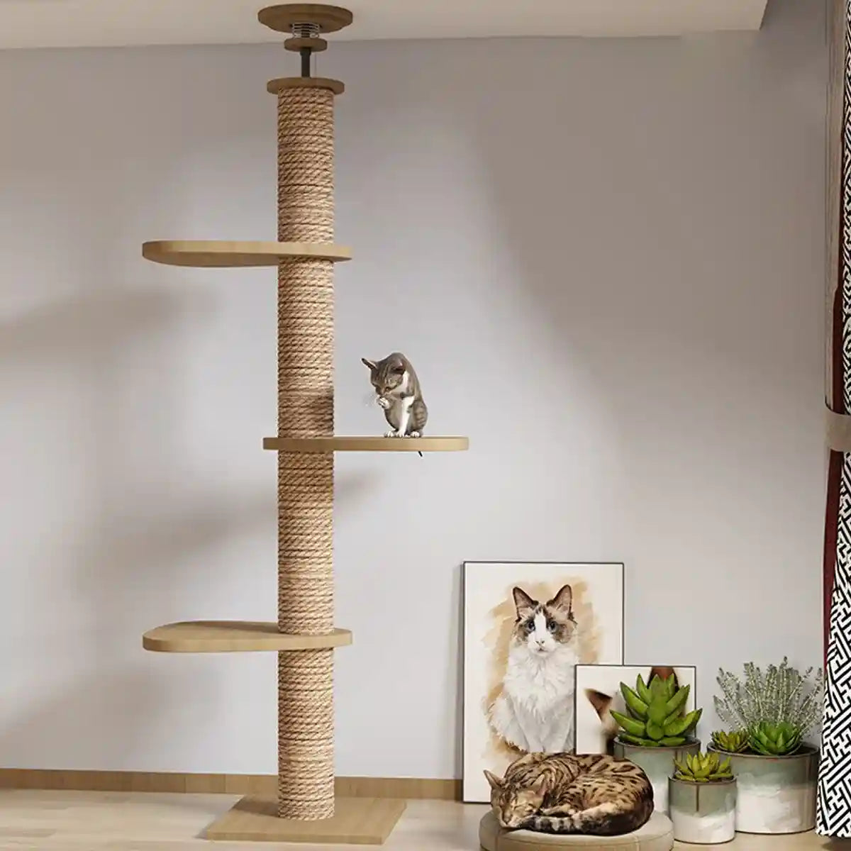 Adjustable Floor-to-Ceiling Cat Tree with Solid Wood Platforms