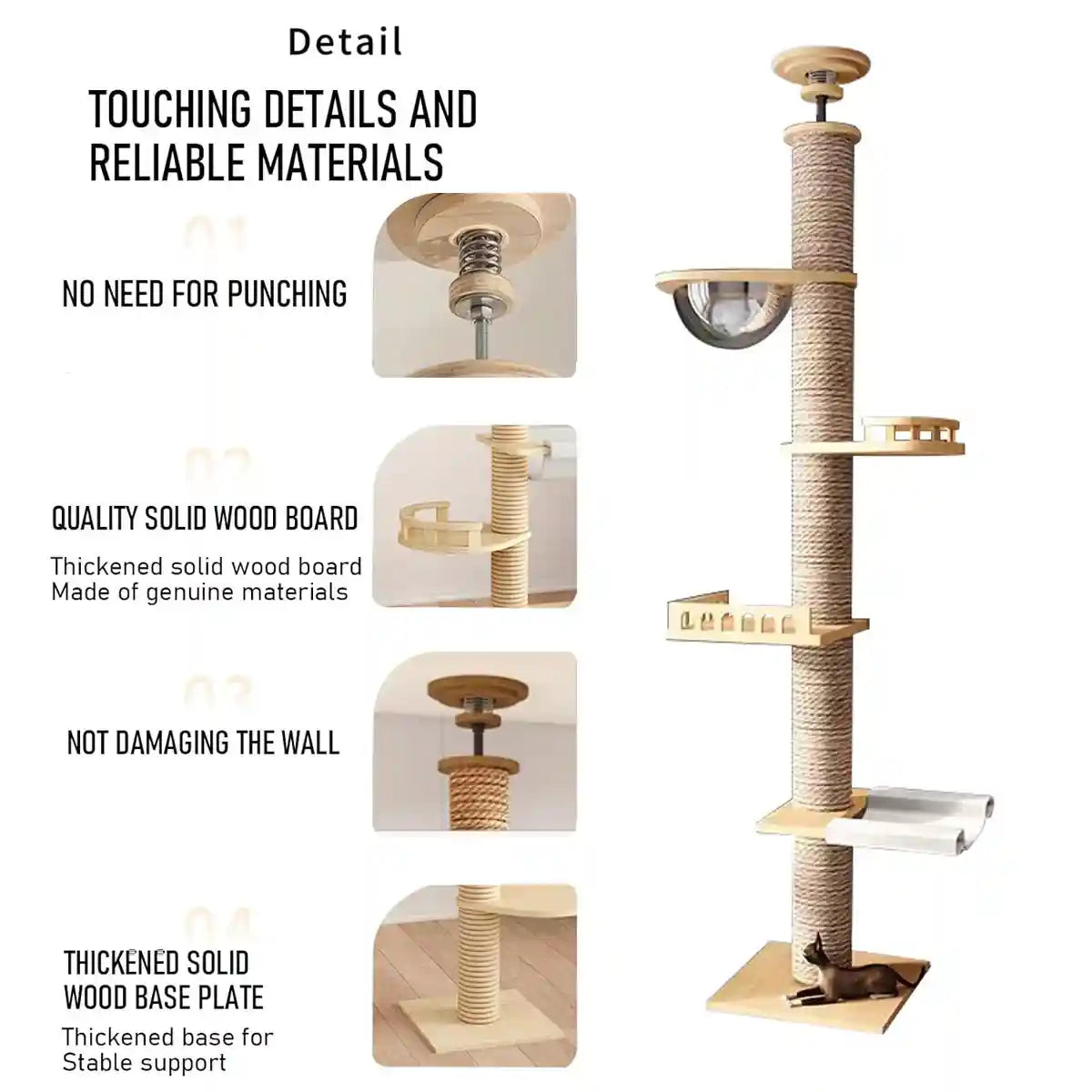 Adjustable Floor-to-Ceiling Cat Tree with Solid Wood Platforms