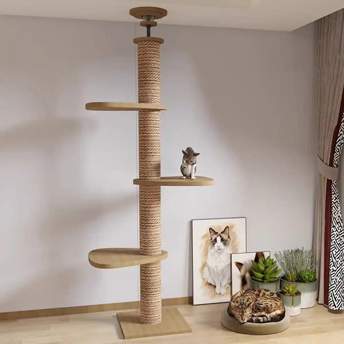 Adjustable Floor-to-Ceiling Cat Tree with Solid Wood Platforms