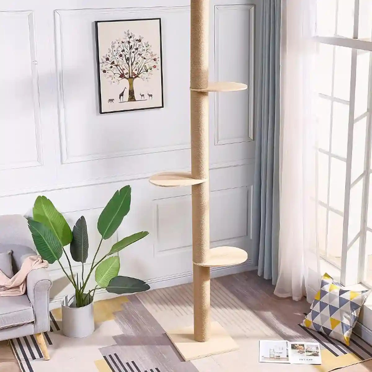 Adjustable Floor-to-Ceiling Cat Tree with Solid Wood Platforms