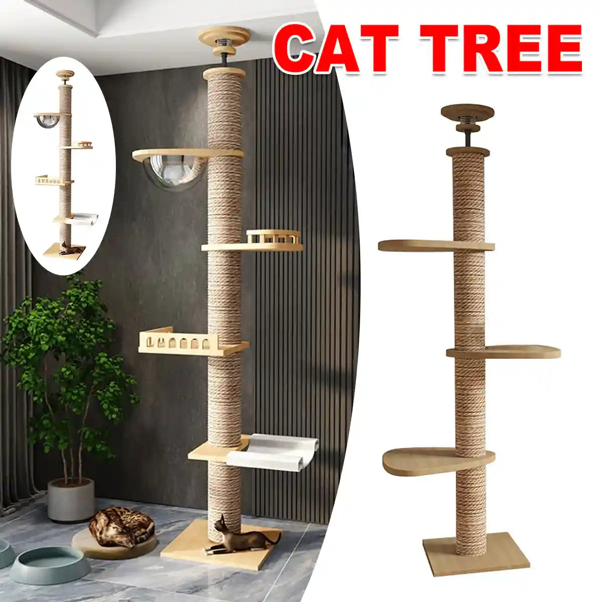 Adjustable Floor-to-Ceiling Cat Tree with Solid Wood Platforms