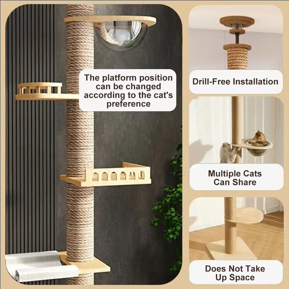 Adjustable Floor-to-Ceiling Cat Tree with Solid Wood Platforms