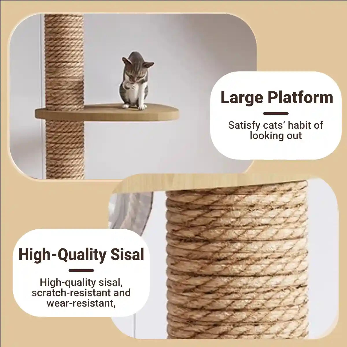 Adjustable Floor-to-Ceiling Cat Tree with Solid Wood Platforms