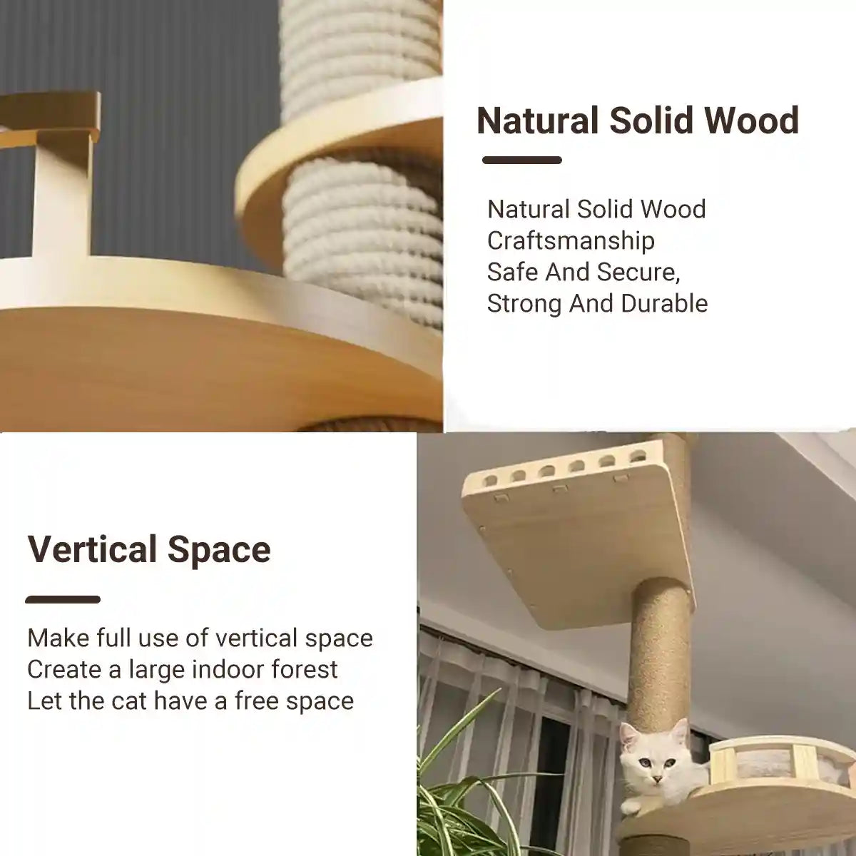 Adjustable Floor-to-Ceiling Cat Tree with Solid Wood Platforms