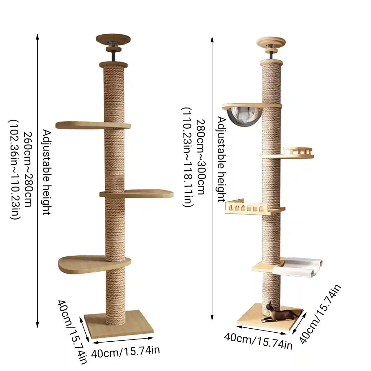 Adjustable Floor-to-Ceiling Cat Tree with Solid Wood Platforms