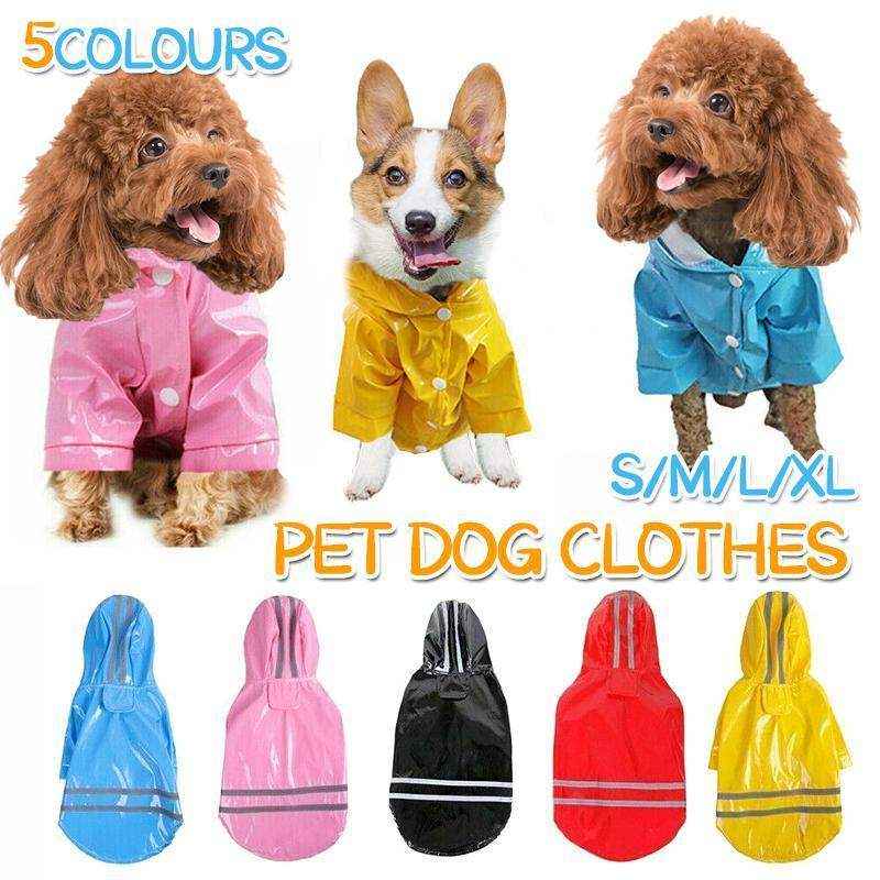 Waterproof dog rain jacket with reflective stripes for outdoor safety.