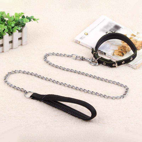 Heavy-duty dog chain lead with padded handle for secure and comfortable dog walking