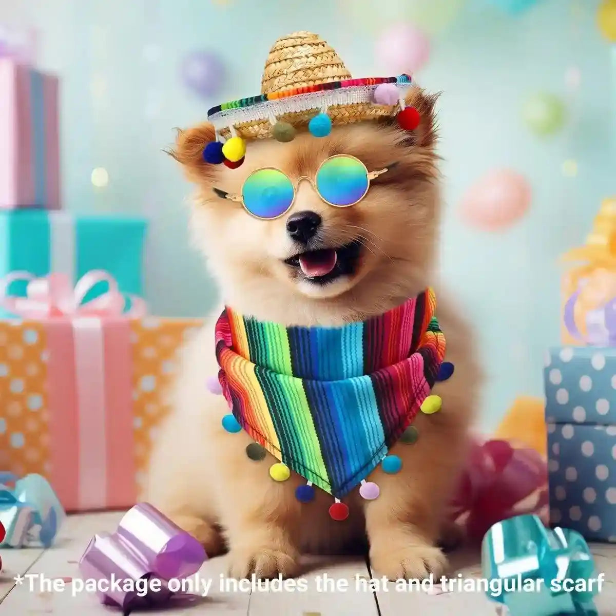 Striped Triangle Pet Towel & Fur Ball Straw Hat Scarf Set, Colorful Pet Accessories