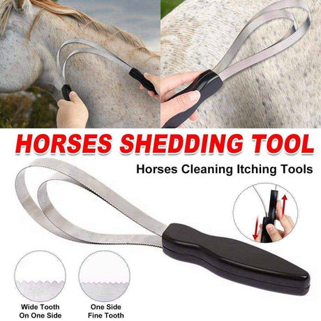 High-quality horse shedding blade with dual-sided stainless steel blade for grooming loose hair and dirt removal.