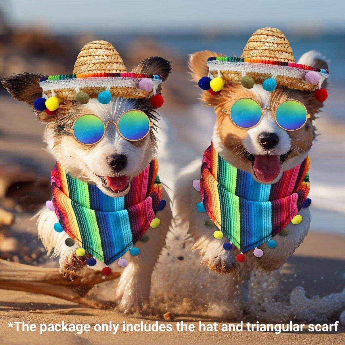 Striped Triangle Pet Towel & Fur Ball Straw Hat Scarf Set, Colorful Pet Accessories