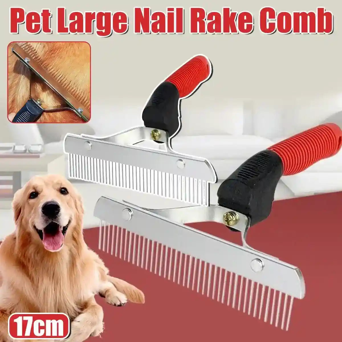 Large Dog Grooming Rake Comb Pet Hair Brush with Rubber Handle Knot Remover