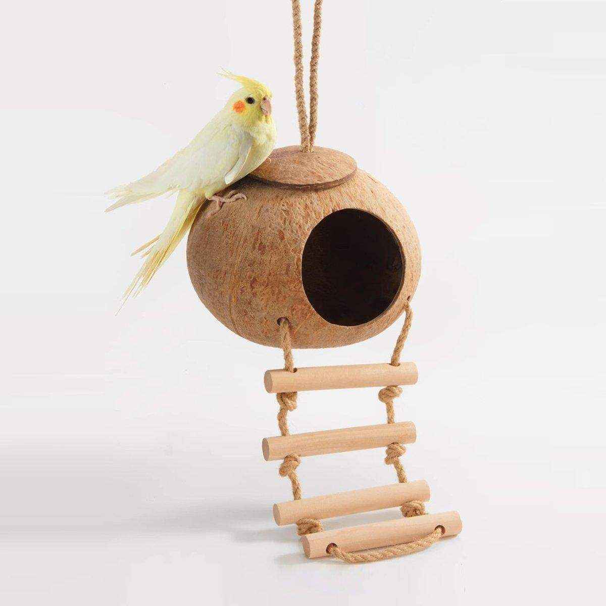 Pet Parrot Nest Wooden Bird House Natural Coconut Shell Feeder