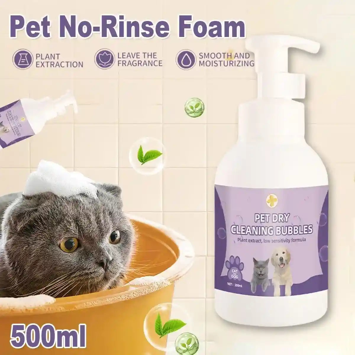 Pet Dry Cleaning Bubbles No-Rinse Foam Cleanser for Cats & Dogs 500ml