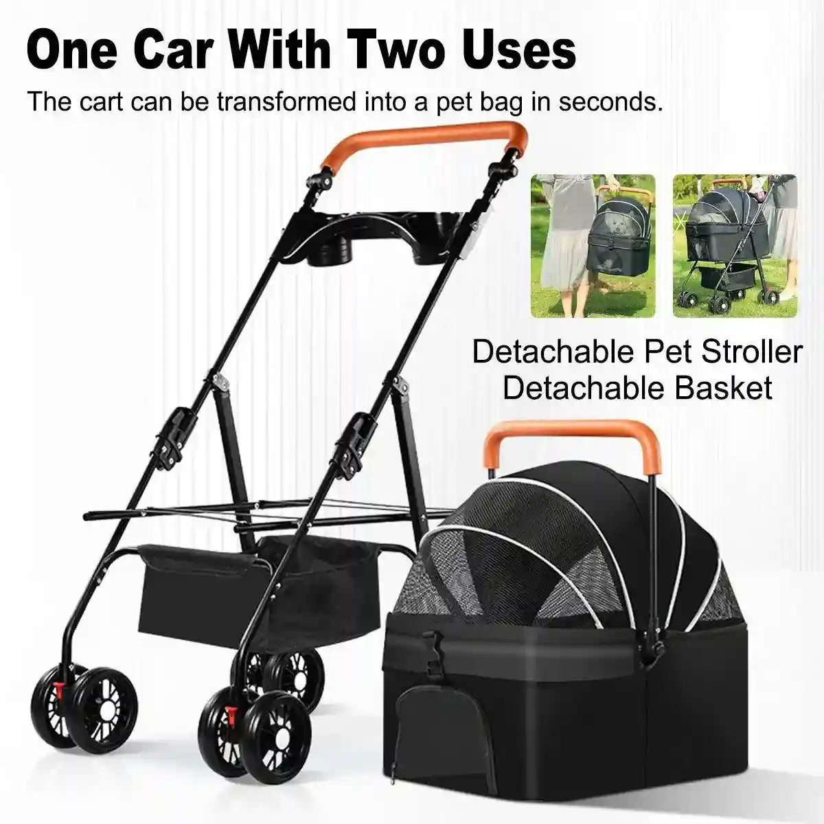 2-in-1 Foldable Pet Stroller with Detachable Carrier