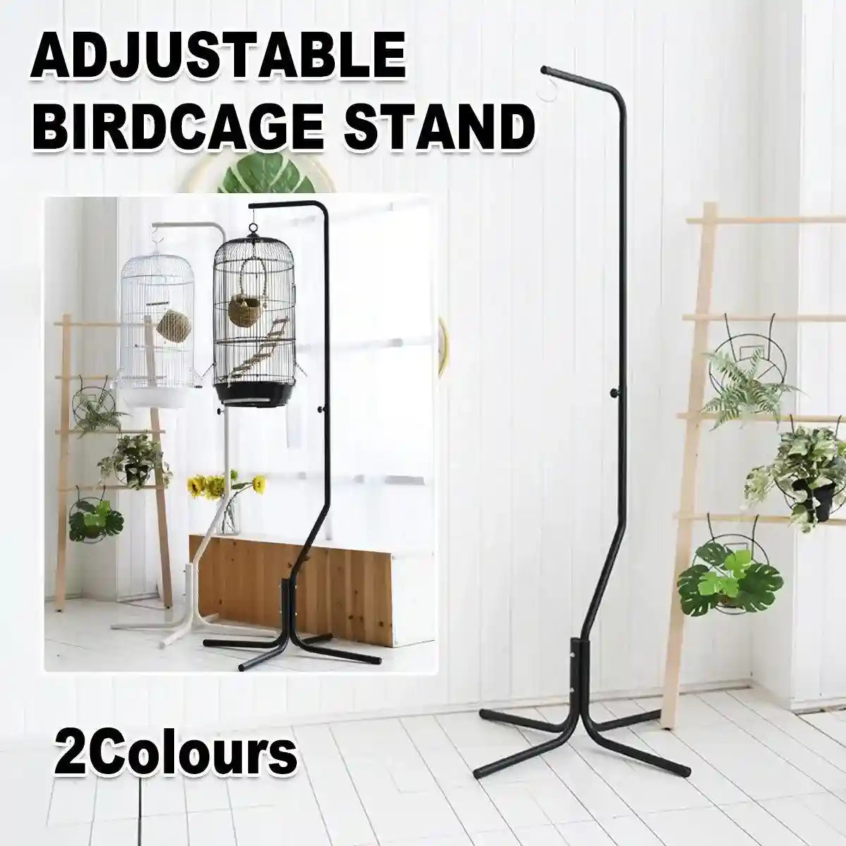 Adjustable Birdcage Stand Sturdy Metal Parrot Cage Holder with 360° Hook