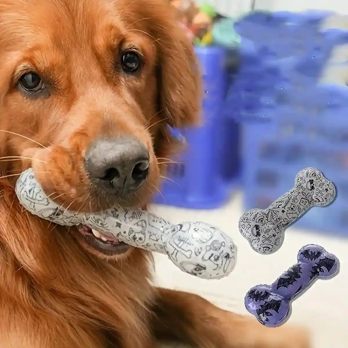 Interactive Dog Bone Chew Toy for Dental Health Durable TPR Material Grey & Blue