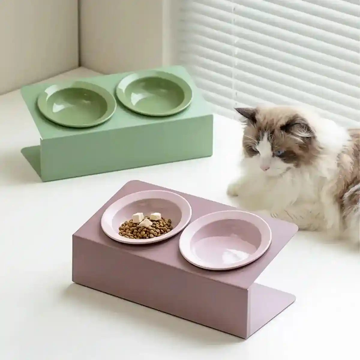 Ceramic Double Cat Bowl with Tilt Stand Elevated Pet Feeder for Comfort