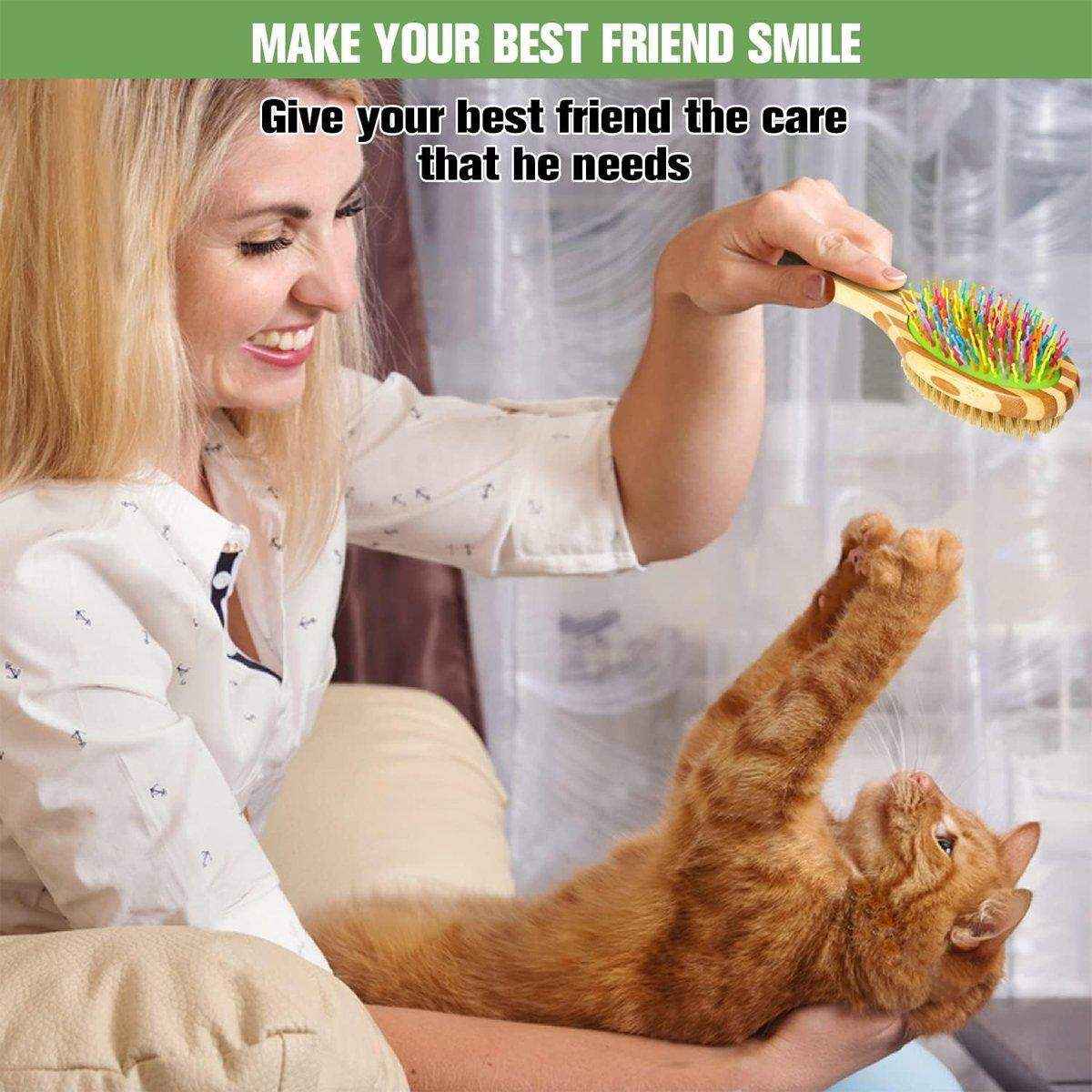 Double-Sided Pet Comb with Bamboo Handle Flea Comb & Knot Brush for Dogs and Cats