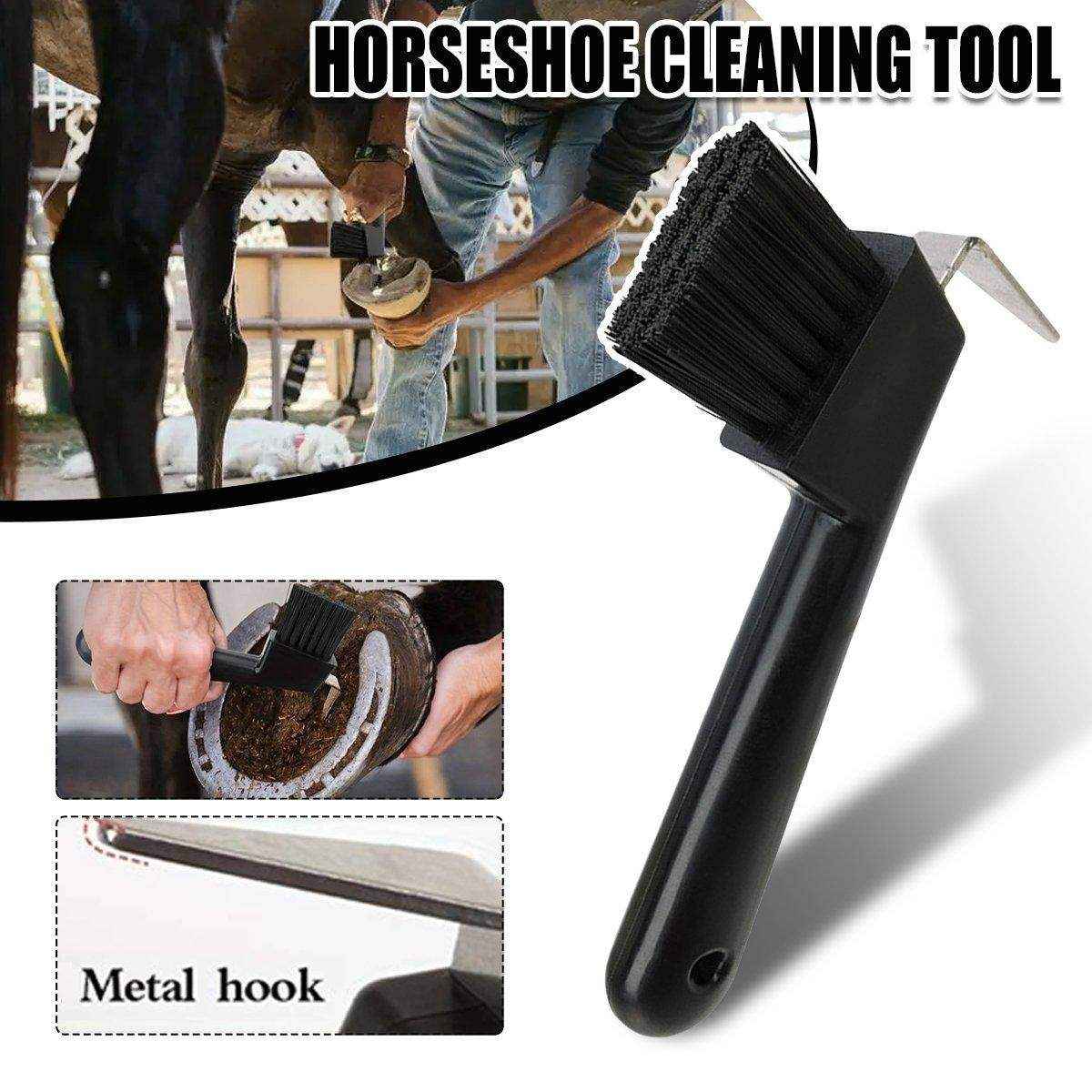 Horseshoe cleaning brush for effective hoof care, featuring durable bristles and a metal hook for thorough cleaning.