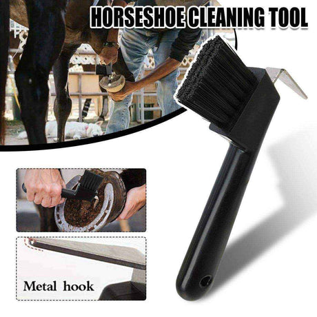 Horseshoe cleaning brush for effective hoof care, featuring durable bristles and a metal hook for thorough cleaning.