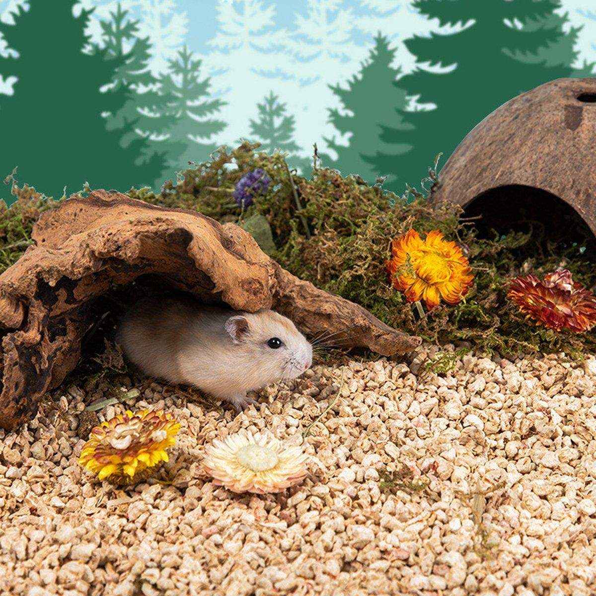 Small animal bedding with corncob base and botanicals, perfect for hamsters and rabbits.
