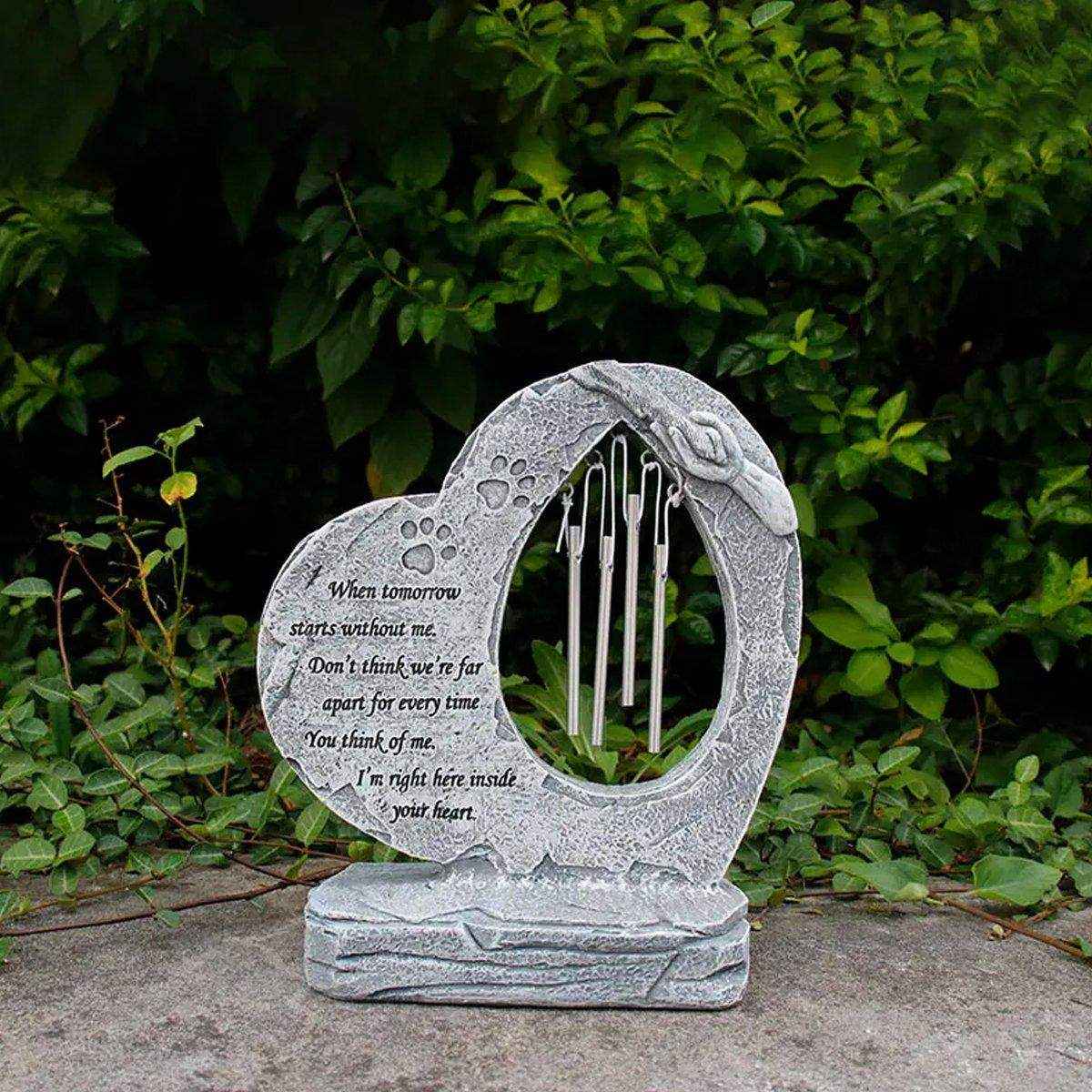 Pet Tombstone Wind Chime Heart-Shaped Memorial with Paw Prints