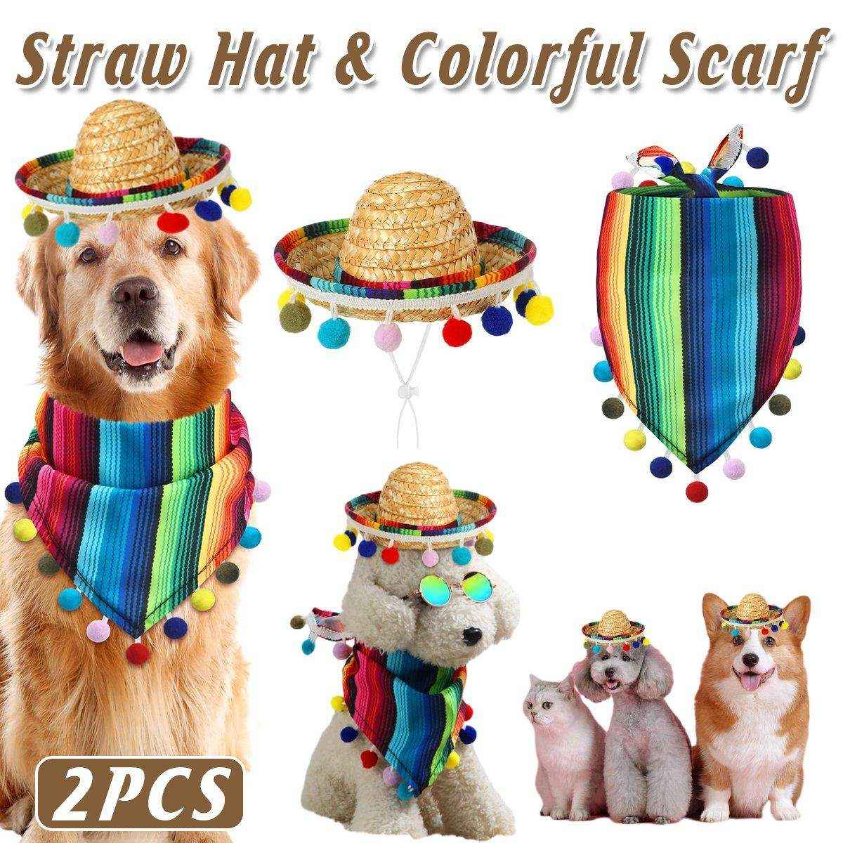 Striped Triangle Pet Towel & Fur Ball Straw Hat Scarf Set, Colorful Pet Accessories