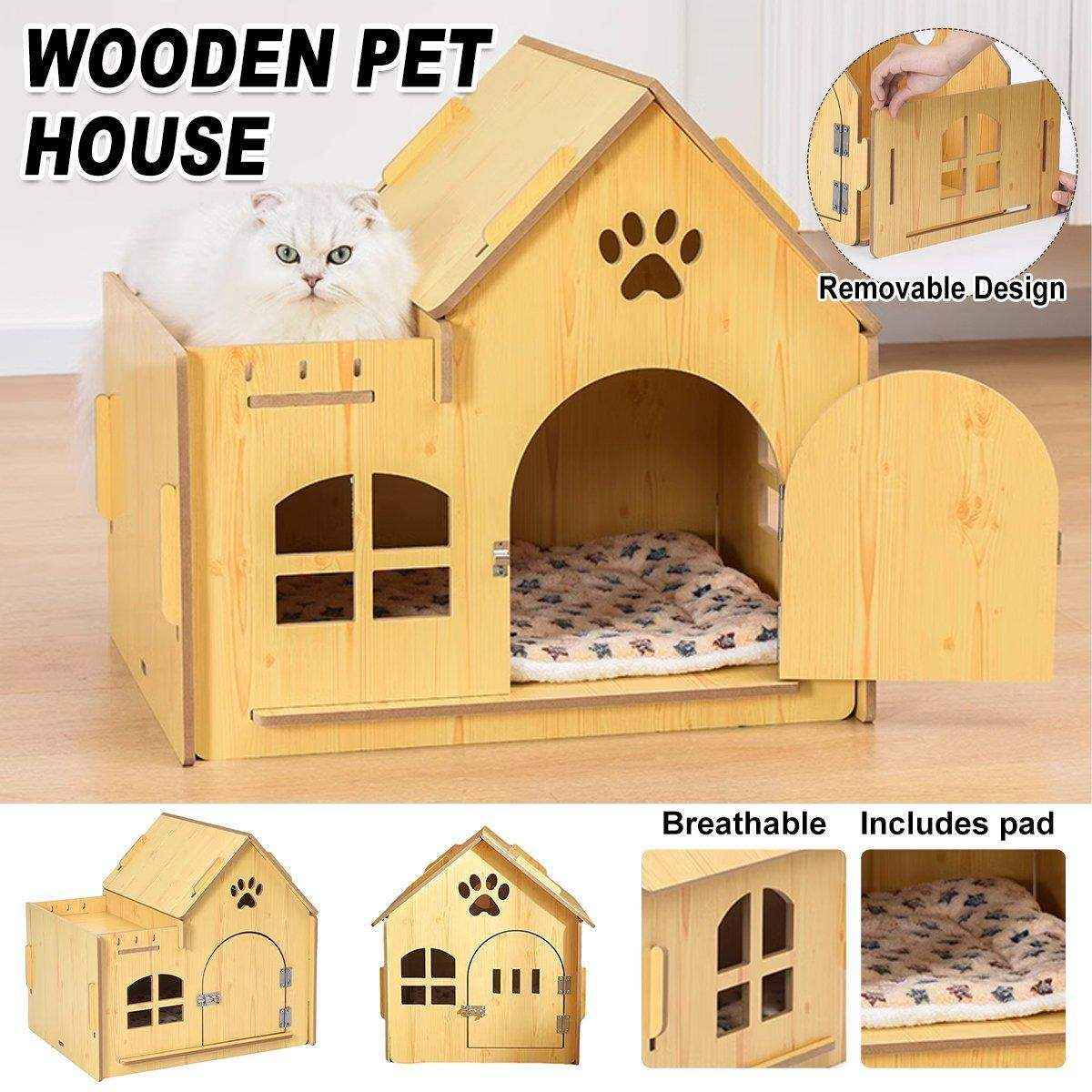 Outdoor Wooden Dog Cat House Villa Style Pet Shelter Weatherproof for Garden
