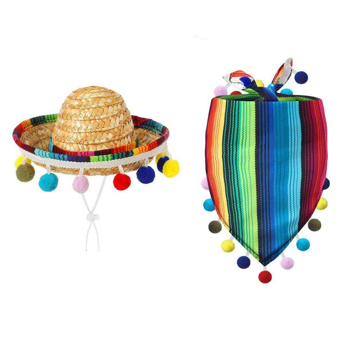 Striped Triangle Pet Towel & Fur Ball Straw Hat Scarf Set, Colorful Pet Accessories