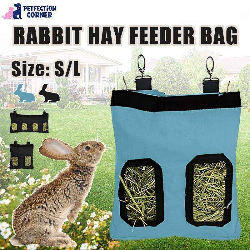 Rabbit hay feeder bag in blue and black, designed for tidy and efficient feeding.