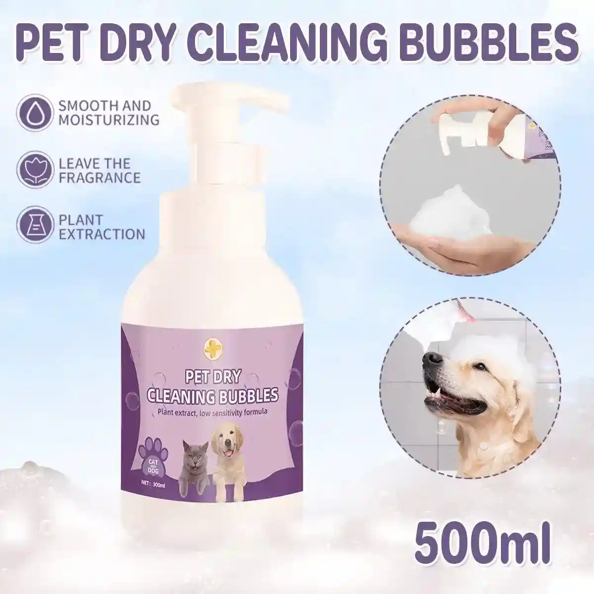 Pet Dry Cleaning Bubbles No-Rinse Foam Cleanser for Cats & Dogs 500ml