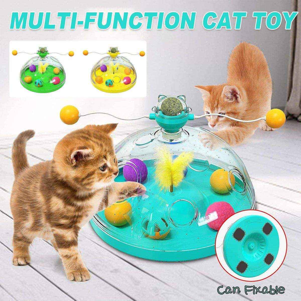 Interactive windmill catnip toys with rotating balls and plush teaser sticks for indoor cats.