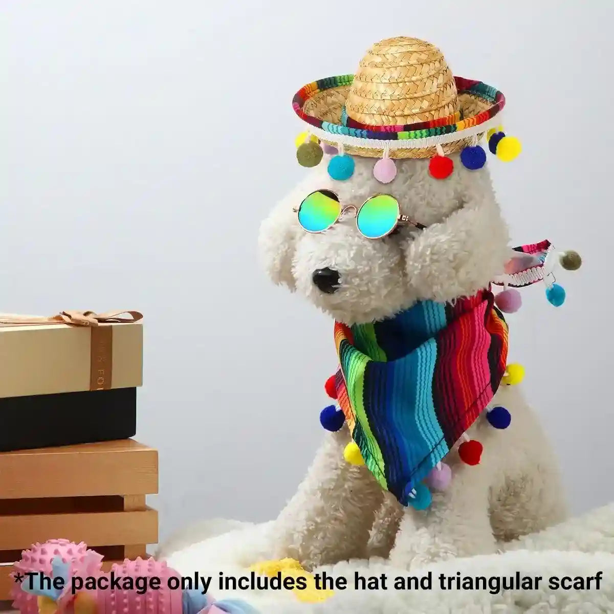 Striped Triangle Pet Towel & Fur Ball Straw Hat Scarf Set, Colorful Pet Accessories