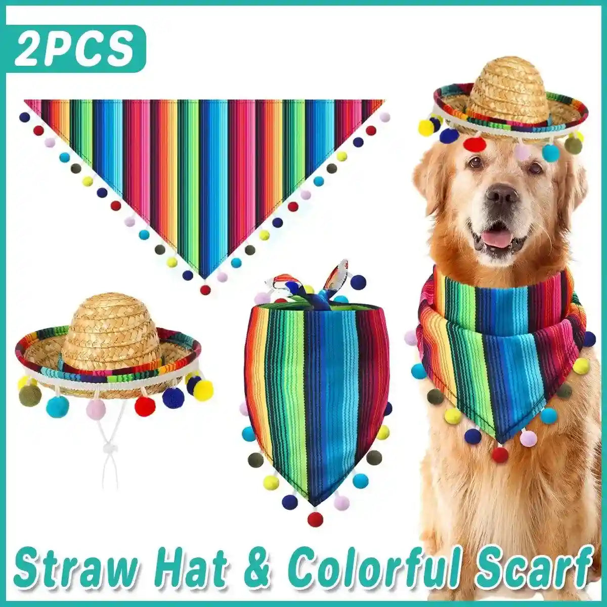 Striped Triangle Pet Towel & Fur Ball Straw Hat Scarf Set, Colorful Pet Accessories