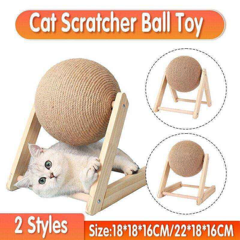Durable wooden sisal cat scratcher ball toy for indoor cats