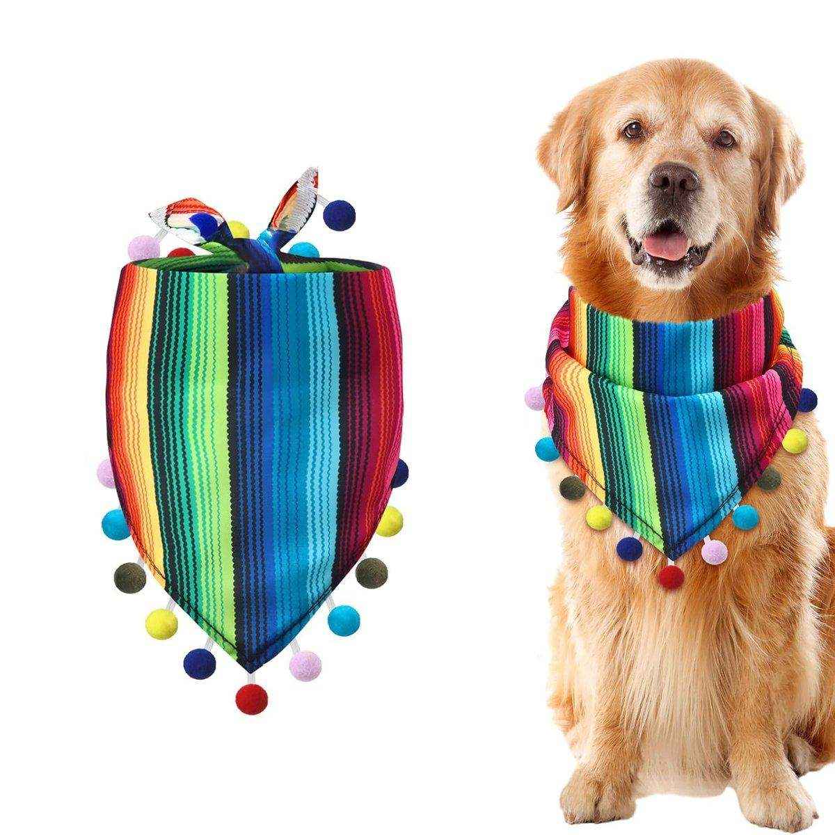 Striped Triangle Pet Towel & Fur Ball Straw Hat Scarf Set, Colorful Pet Accessories