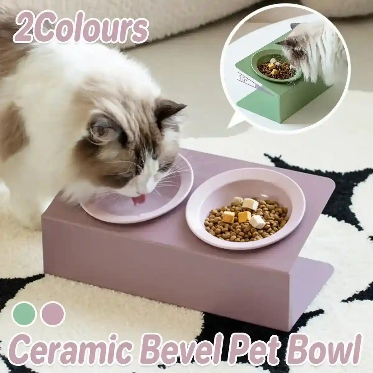 Ceramic Double Cat Bowl with Tilt Stand Elevated Pet Feeder for Comfort