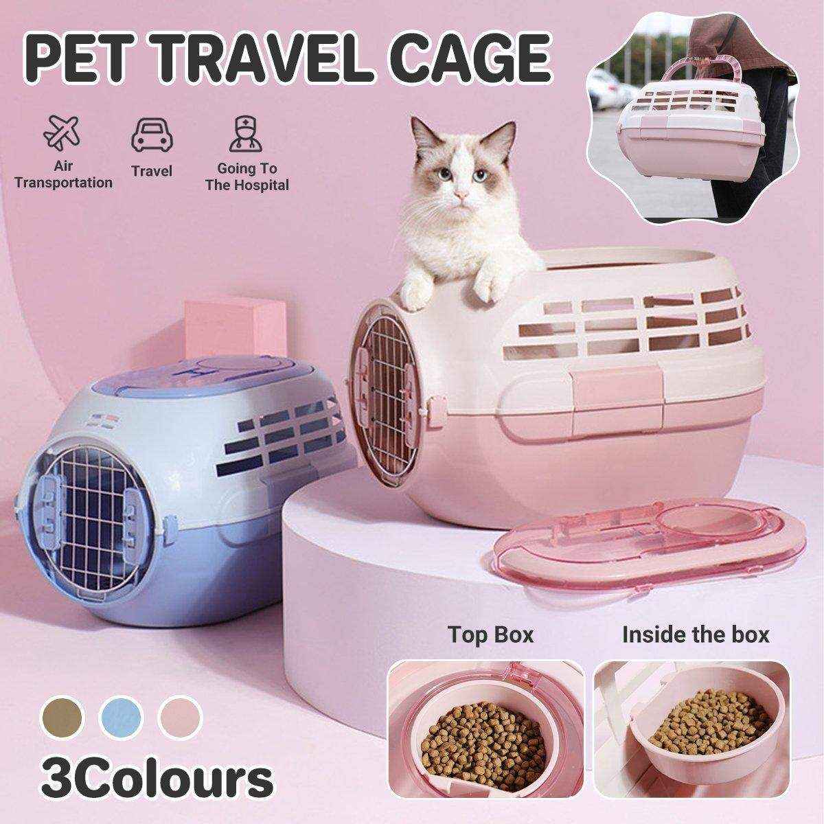 Cat crate pet travel cage with ergonomic handle and ventilation openings