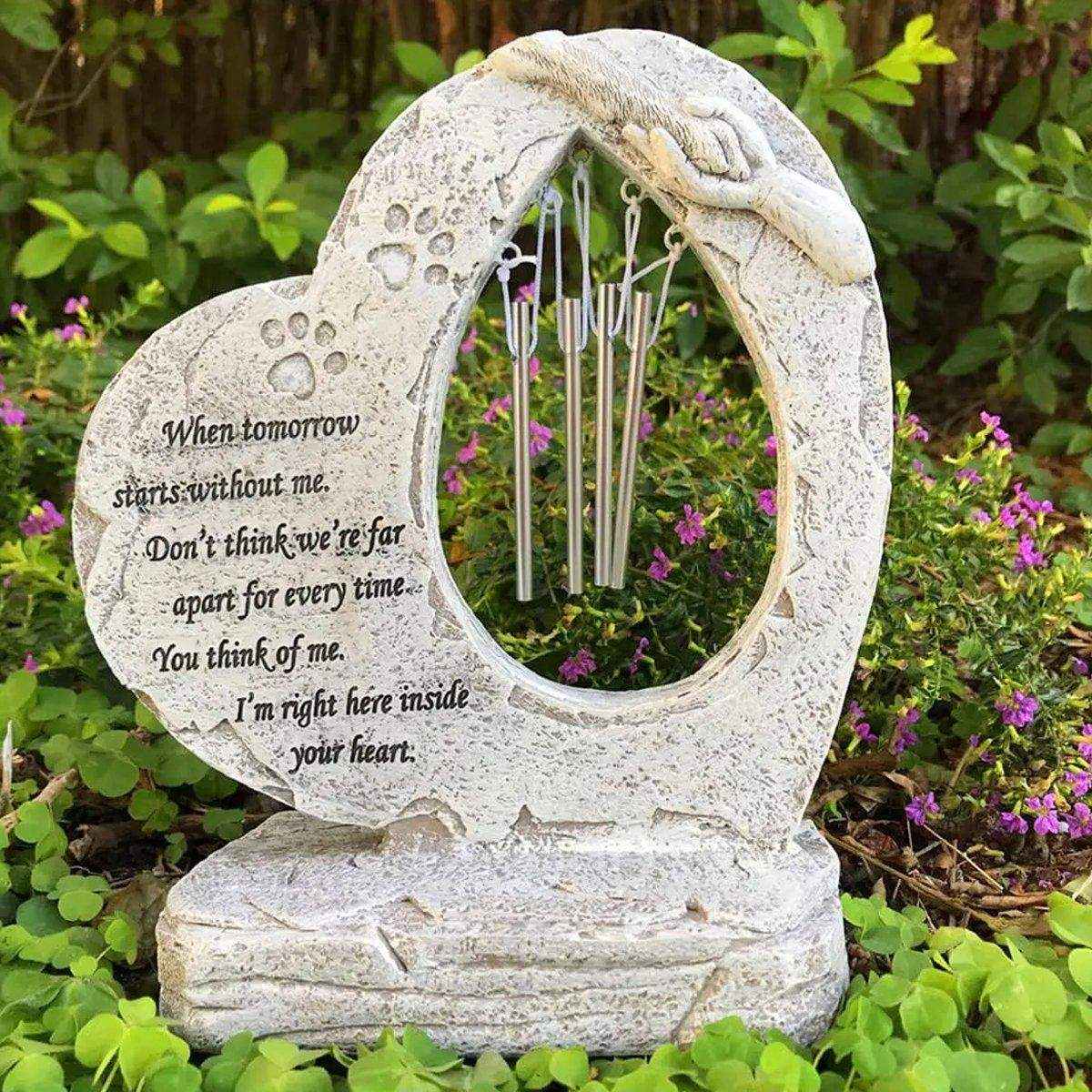 Pet Tombstone Wind Chime Heart-Shaped Memorial with Paw Prints