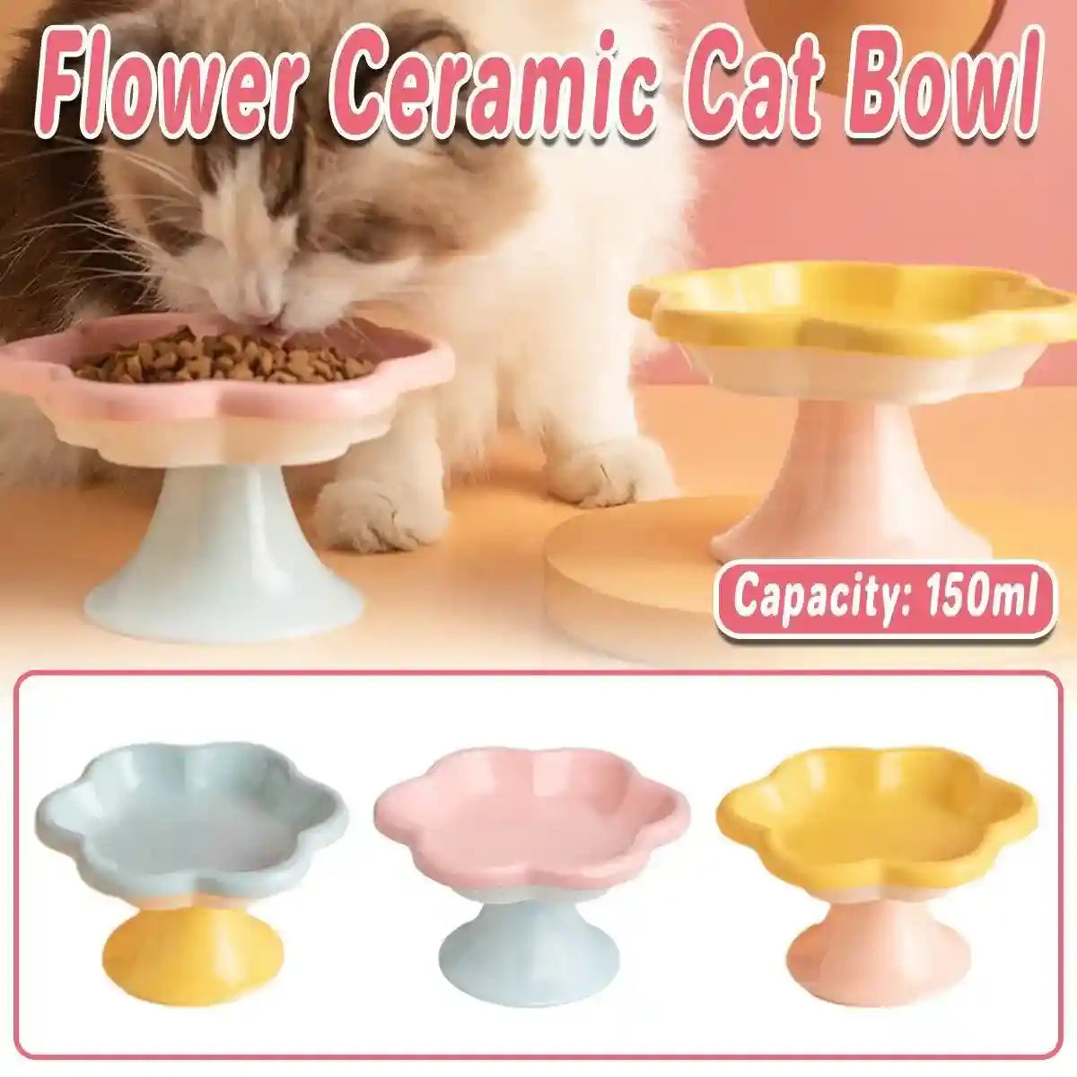 Elevated Ceramic Cat Bowl Anti-Knock Flower-Shaped Dish for Cats & Small Pets