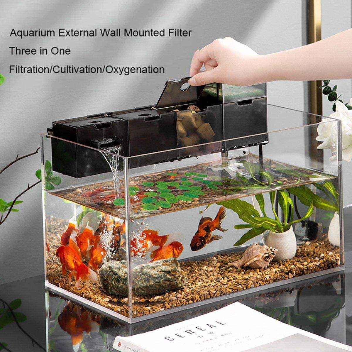Fish Tank Filter Box 3in1 Oxygenating Wall Mount Built In Silent Water Purifier