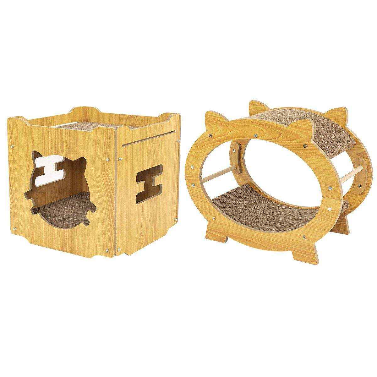 Eco-Friendly Cat Scratcher Lounge - Natural Wood & Corrugated Board