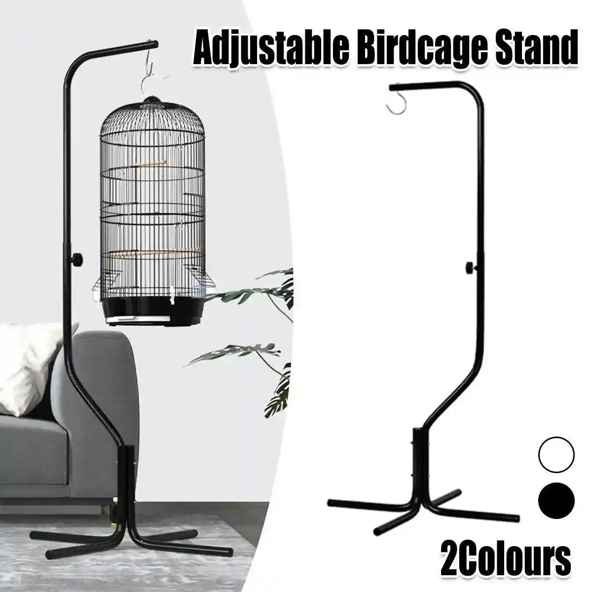 Adjustable Birdcage Stand Sturdy Metal Parrot Cage Holder with 360° Hook