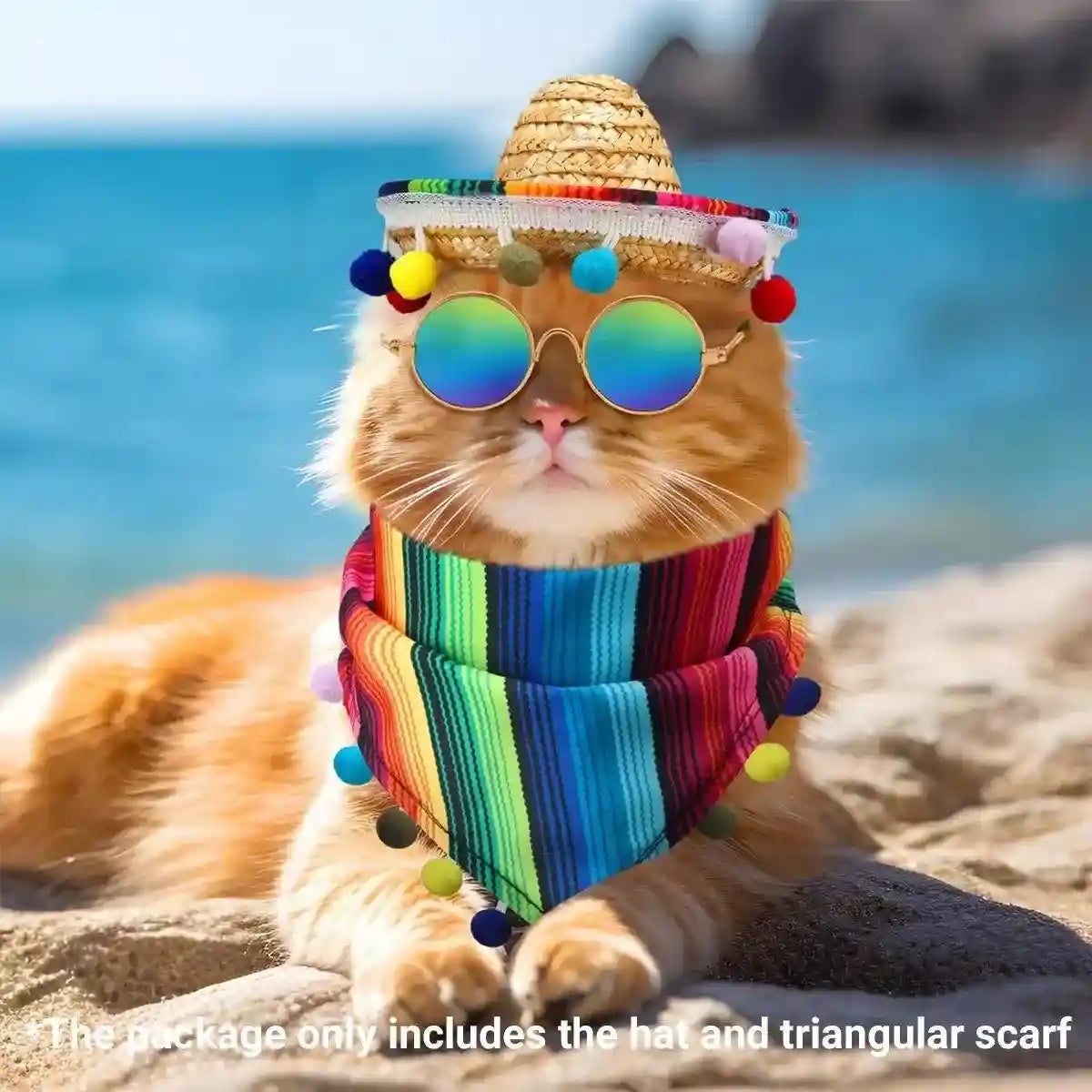 Striped Triangle Pet Towel & Fur Ball Straw Hat Scarf Set, Colorful Pet Accessories