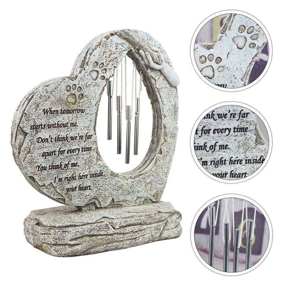 Pet Tombstone Wind Chime Heart-Shaped Memorial with Paw Prints